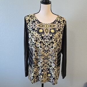 NWT BOB MACKIE Black Top Yellow Paisley Pattern Long Stripe Sleeves Sz MEDIUM